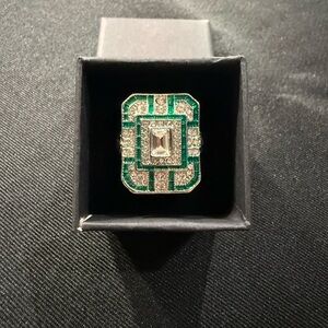 Art Deco Emerald Green & Clear Crystal Statement Ring, Sz. 10